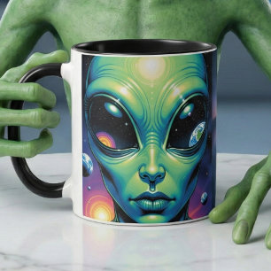 Mug Visage Alien avec des planètes Réflexions dans les