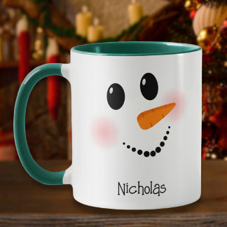 Mug Visage de Bonhomme de Neige Heureux Rouge Nom Pers