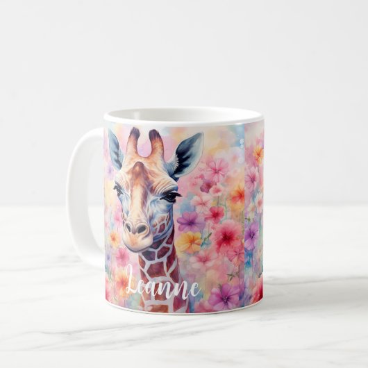 Mug Visage de Giraffe mignonne aux fleurs roses (Devant gauche)