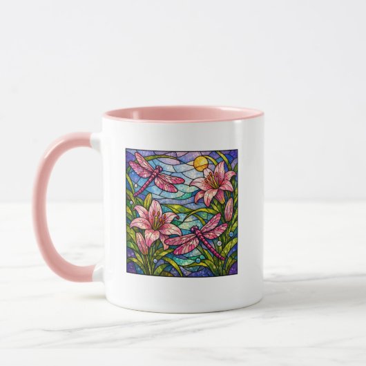 Mug Vitraux Fleurs de Lys et Libellules Rose (Gauche)