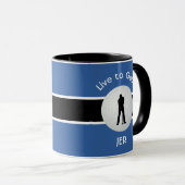 Mug Vivez à Golf Ball Golfeur Figure Bleu Noir Blanc (Devant droit)