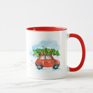 Mug Voiture aquarelle avec arbre de Noël en haut