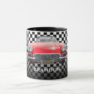Mug Voiture de sport rouge, nom blanc, damier N/B