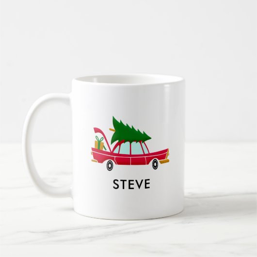 Mug Voiture rouge rétro portant un arbre de Noël (Gauche)