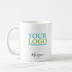 Mug Votre logo/art/photo, nom en script noir, blanc
