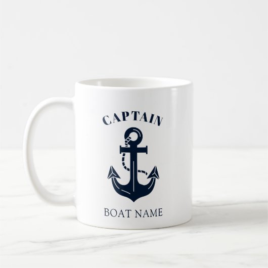 Mug Votre nom de bateau Ancre Bleue Capitaine (Gauche)