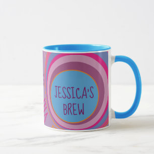 Mug Votre nom est Brew. Horloge rose violet bleu orang
