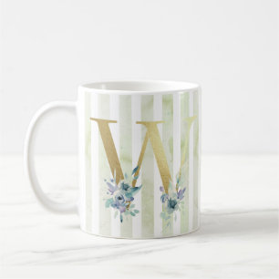Mug W, initial doré avec rayures bleues et blanches