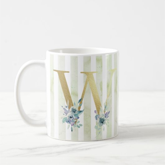 Mug W, initial doré avec rayures bleues et blanches (Gauche)