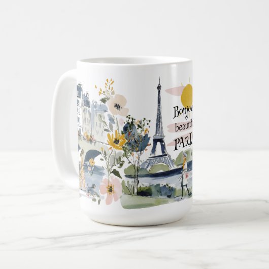 Mug Watercolor Bonjour Beautiful Paris (Devant gauche)