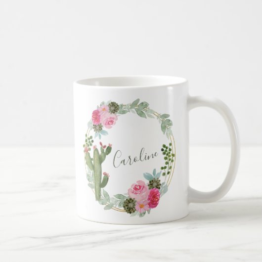 Mug Watercolor Cactus Pink Floral Wreath Personalized  (Droite)