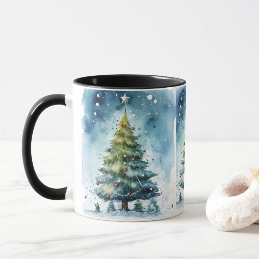 Mug Watercolor Christmas Tree Winter Wonderland Holida (Avec donut)