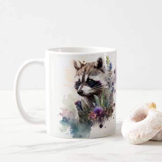 Mug Watercolor Cute Raccoon Spring Flowers (Avec donut)