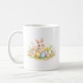 Mug Watercolor Easter Bunny with Pastel Eggs and Sprin