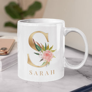 Mug Watercolor Floral & Gold Letter S monogram