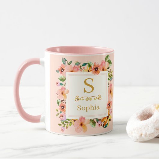 Mug Watercolor Floral Monogram I Custom Gold Initial (Avec donut)