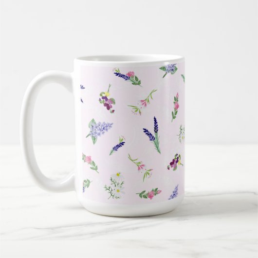 Mug Watercolor Flowers on Pale Pink Lacy Texture (Gauche)