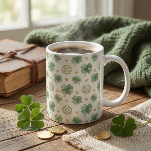 Mug Watercolor Four Leaf Clovers & Celtic Knots