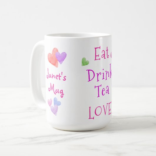 Mug Watercolor Hearts EAT Drink Tea LOVE (Devant gauche)
