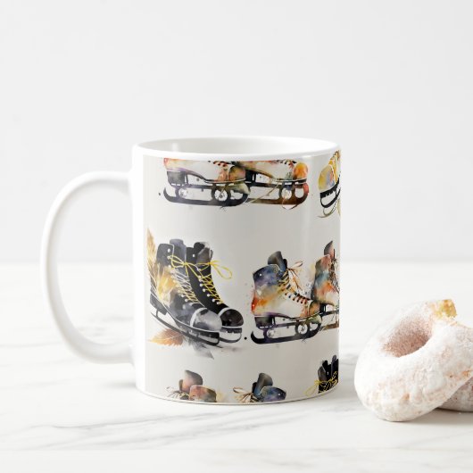 Mug Watercolor Ice Skates with Autumn Leaves Pattern (Avec donut)