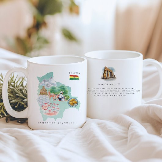Mug Watercolor Illustrated Map Bolivia | Monogram