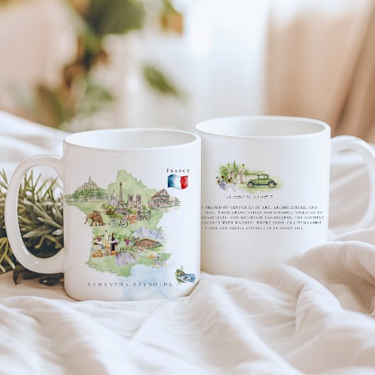Mug Watercolor Illustrated Map France | Monogram