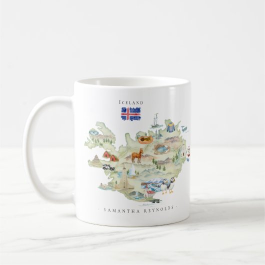 Mug Watercolor Illustrated Map Iceland | Monogram (Gauche)