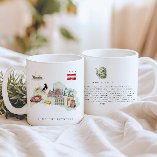 Mug Watercolor Illustrated Map Latvia | Monogram