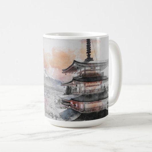 Mug Watercolor Japanese Pagoda & Fuji (Devant droit)