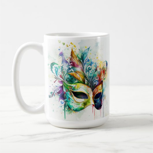 MUG WATERCOLOR MARDI GRAS MASQUES & FEATHERS (Gauche)