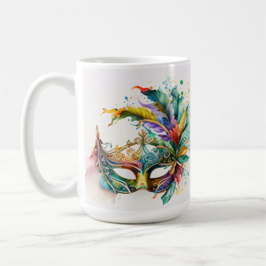MUG WATERCOLOR MARDI GRAS MASQUES & FEATHERS (Gauche)