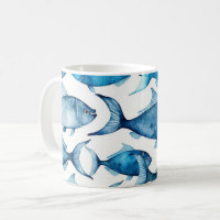 Watercolor Ocean Blue Fish. Motif de plage nautiqu