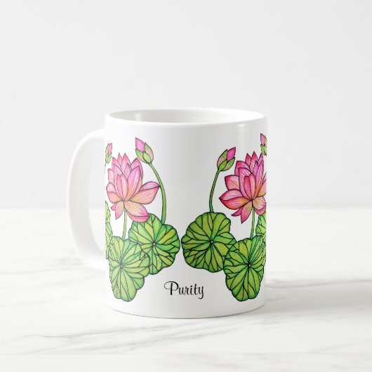 Mug Watercolor Pink Lotus with Buds & Leaves (Devant gauche)