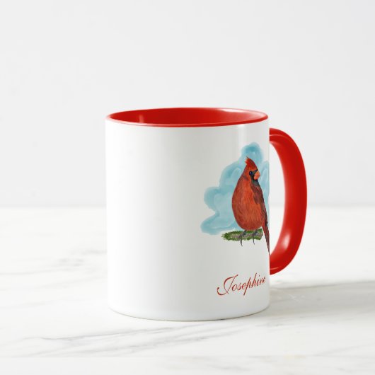 Mug Watercolor Red Cardinal Bird With Name (Devant droit)