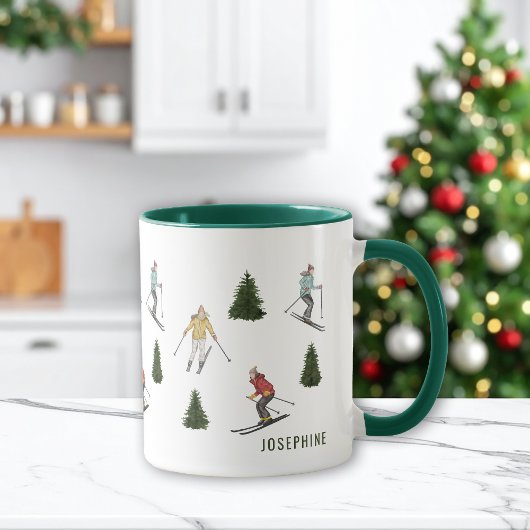 Mug Watercolor Skiers And Fir Trees With Name Festive