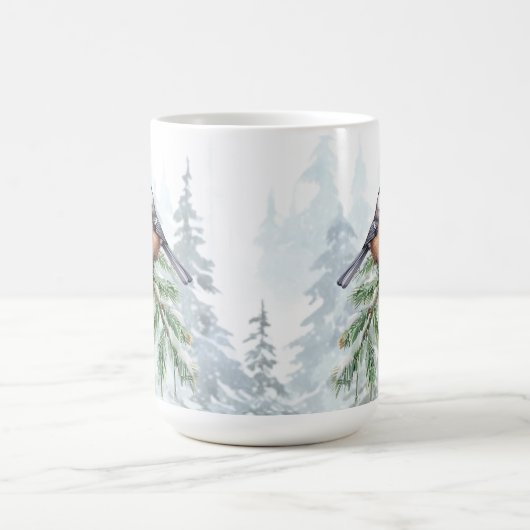 Mug Watercolor Winter Spruce Tree Chickadee  (Centre)