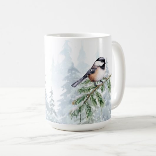 Mug Watercolor Winter Spruce Tree Chickadee (Devant droit)