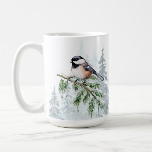 Mug Watercolor Winter Spruce Tree Chickadee  (Gauche)