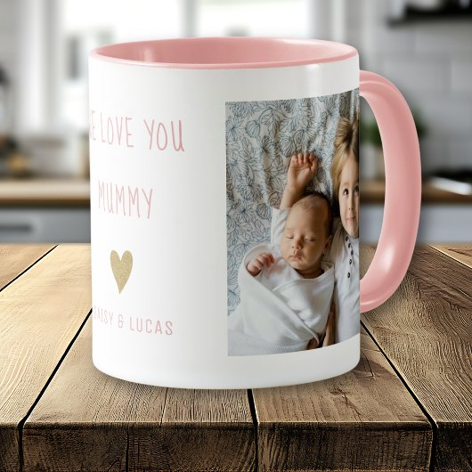 Mug We Love You Mummy 2 Photo  Personalised  Pink