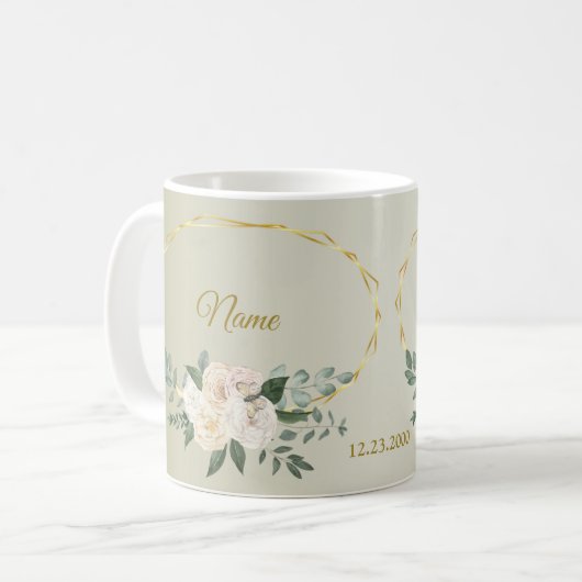 Mug Wedding Greenery Leaves Pink Floral Gold Geometric (Devant gauche)