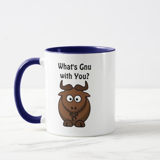 Mug What’s Gnu, Funny Buffalo Cartoon Animal Pun (Gauche)