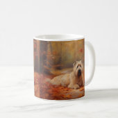 Mug Wheaten Terrier dans les feuilles d'automne automn (Devant droit)