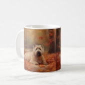 Mug Wheaten Terrier dans les feuilles d'automne automn (Devant gauche)