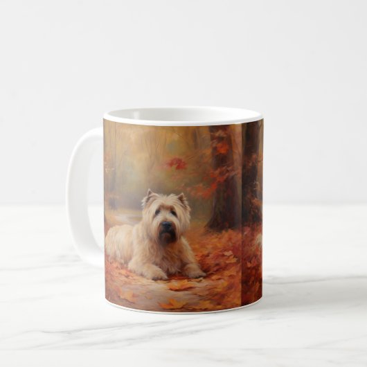 Mug Wheaten Terrier dans les feuilles d'automne automn (Devant gauche)