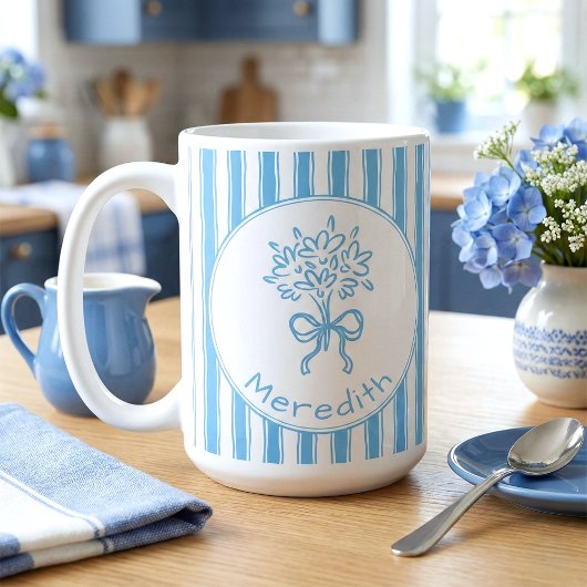 Mug Whimsical Blue White Stripe Preppy Monogram