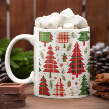 Whimsical Christmas Trees on Plaid Pattern  
