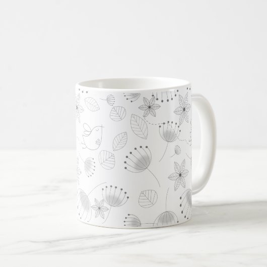 Mug Whimsical Cute Floral and Bird Pattern on White (Devant droit)