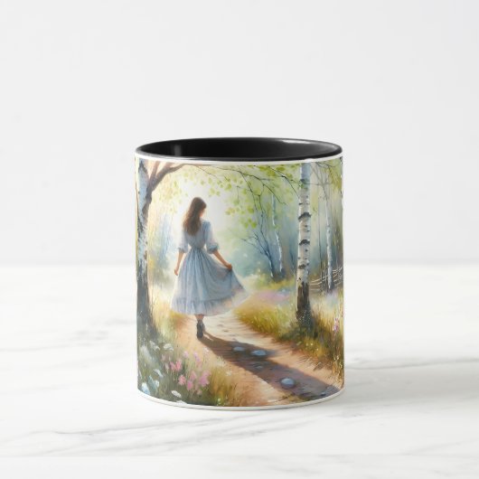 Mug Whimsical Girl Dancing Through Birch Forest (Centre)