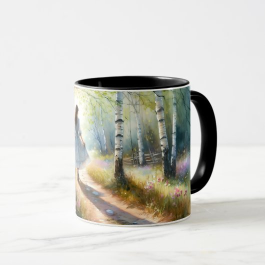 Mug Whimsical Girl Dancing Through Birch Forest (Devant droit)