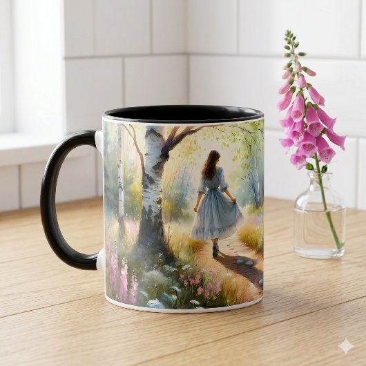 Mug Whimsical Girl Dancing Through Birch Forest